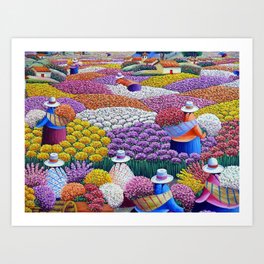 Pearl of the Andes Mountains - Valley of Starry Ranunculus Blossoms and Flower Sellers Art Print