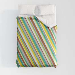 [ Thumbnail: Colorful Grey, Light Sea Green, Yellow, Light Cyan & Sienna Colored Pattern of Stripes Comforter ]