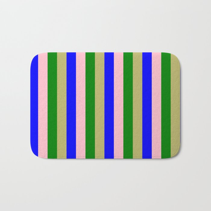 Dark Khaki, Blue, Pink, and Green Colored Pattern of Stripes Bath Mat