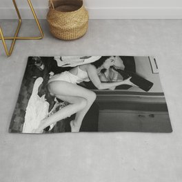Typical Monday for the working gal after work; female drinking from giant magnum of champagne black and white humorous photograph - photography - photograph Rug