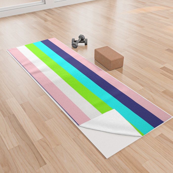 Pink, Midnight Blue, Cyan, Chartreuse, and White Colored Lined/Striped Pattern Yoga Towel