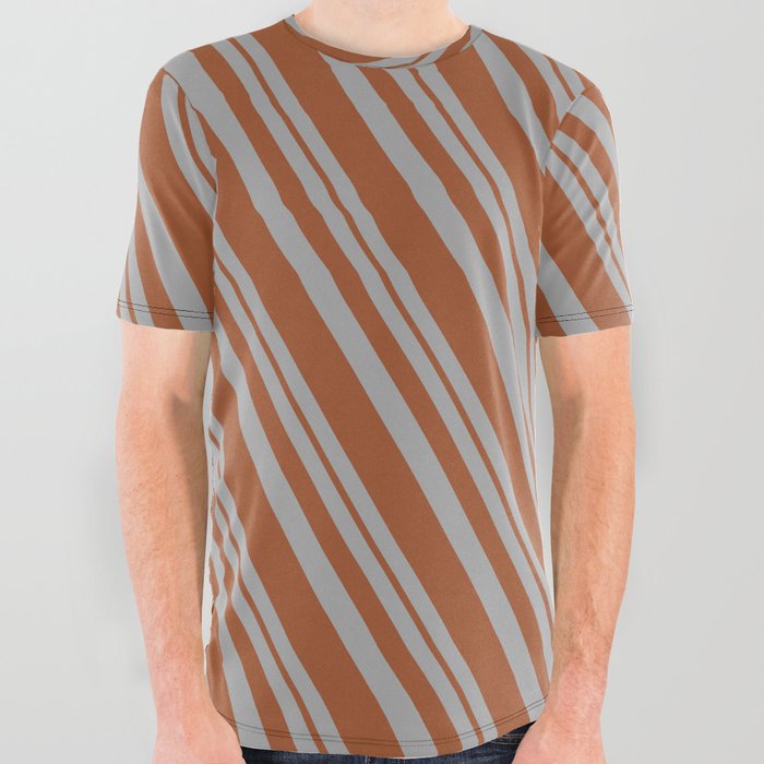 Dark Gray and Sienna Colored Stripes Pattern All Over Graphic Tee