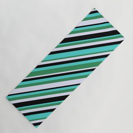[ Thumbnail: Turquoise, Sea Green, Lavender & Black Colored Stripes Pattern Yoga Mat ]