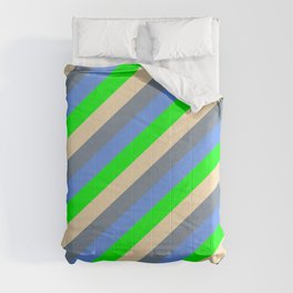 [ Thumbnail: Tan, Light Slate Gray, Cornflower Blue & Lime Colored Striped Pattern Comforter ]