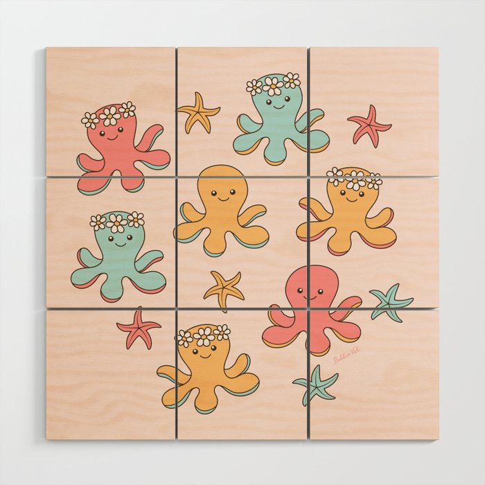 Cute Octopus Pattern, Fun Sea Animals, Colorful Pastel Colors Wood Wall Art