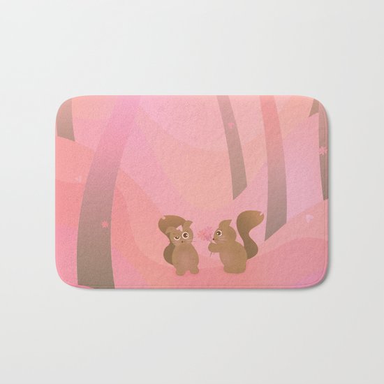 Be My Valentine (Cartoon Squirrels, Coral Pink Spring Forest) Bath Mat