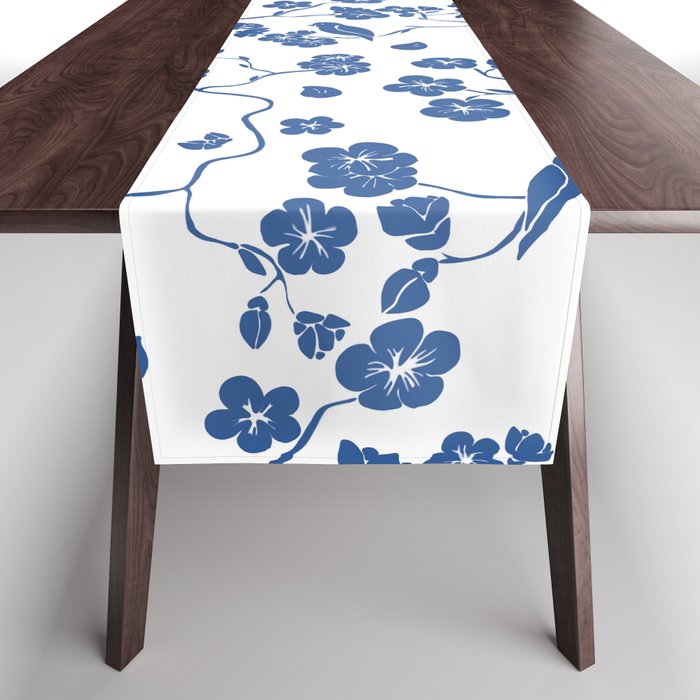 Birds, flowers ,chinoiserie ,blue willow ,cherry blossom ,Sakura tree art Table Runner