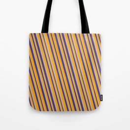 [ Thumbnail: Orange, Tan, and Dark Slate Blue Colored Striped Pattern Tote Bag ]