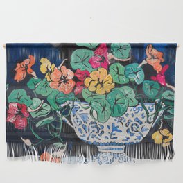 Nasturtium Bouquet in Chinoiserie Bowl on Dark Blue Floral Still Life Painting Wall Hanging