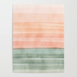 Light Sage Green Waves on a Peach Horizon, Abstract _watercolor color block Poster