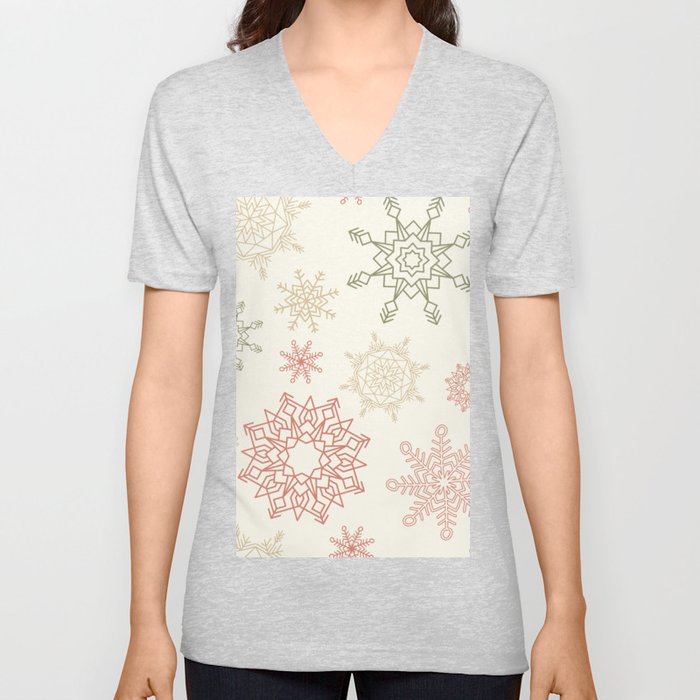Christmas Pattern Handdrawn Colorful Snowflake V Neck T Shirt