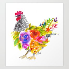 Watercolor Floral Chicken Art Print