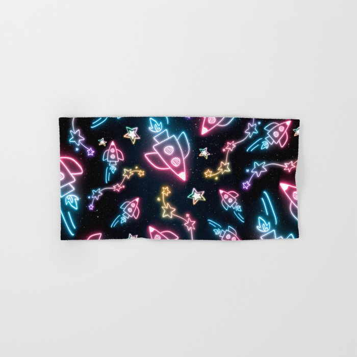 Neon Star and Spaceship Doodle Hand & Bath Towel