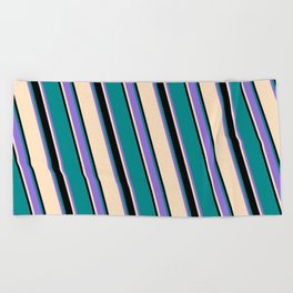 [ Thumbnail: Bisque, Black, Dark Cyan, and Purple Colored Striped Pattern Beach Towel ]