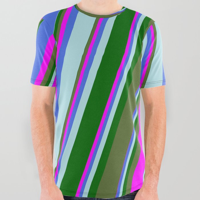 Colorful Dark Olive Green, Fuchsia, Royal Blue, Powder Blue, and Dark Green Colored Lines Pattern All Over Graphic Tee