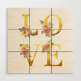 Love | Golden Letters With Flowers Wood Wall Art