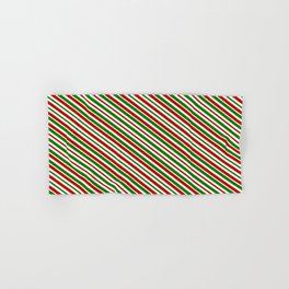 [ Thumbnail: Festive, Christmas-Style Green, White, and Red Colored Lines Pattern Hand & Bath Towel ]