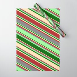 [ Thumbnail: Eyecatching Grey, Green, Dark Green, Beige, and Red Colored Lines Pattern Wrapping Paper ]