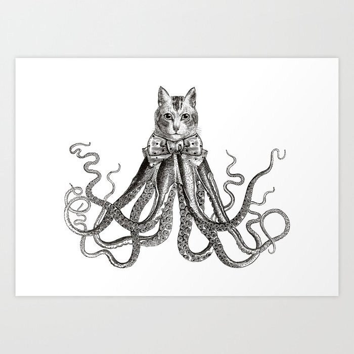 Octopussy | Hybrid Cat and Octopus | Vintage Animals | Black and White | Art Print