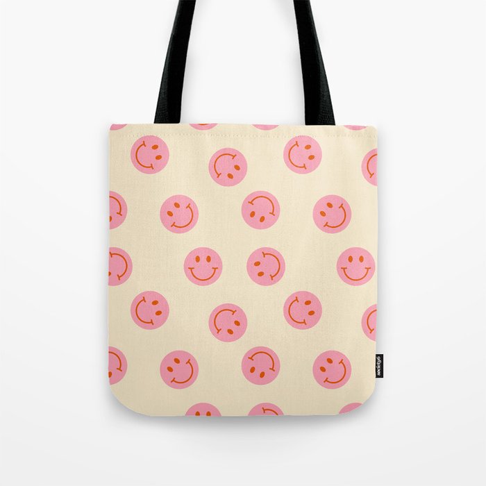 70s Retro Smiley Face Pattern in Beige & Pink Tote Bag