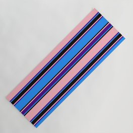 [ Thumbnail: Blue, Black, Light Pink & Indigo Colored Lines Pattern Yoga Mat ]