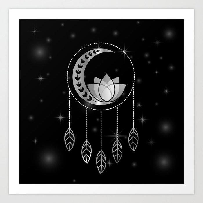 Mystic lotus dream catcher with feathers and foliage in silver Art Print