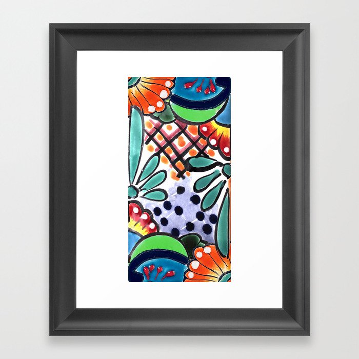 Colorful Talavera, Green Accent, Mexican Tile Design Framed Art Print