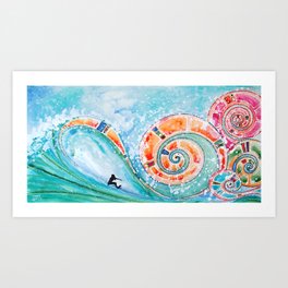 Wahine Surfing Big Rainbow Wave Art Print