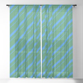 [ Thumbnail: Sea Green & Blue Colored Striped/Lined Pattern Sheer Curtain ]