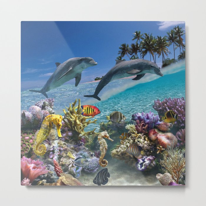 Coral Reef and Dolphins Metal Print