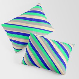 [ Thumbnail: Dark Gray, Tan, Blue, and Green Colored Lined/Striped Pattern Pillow Sham ]