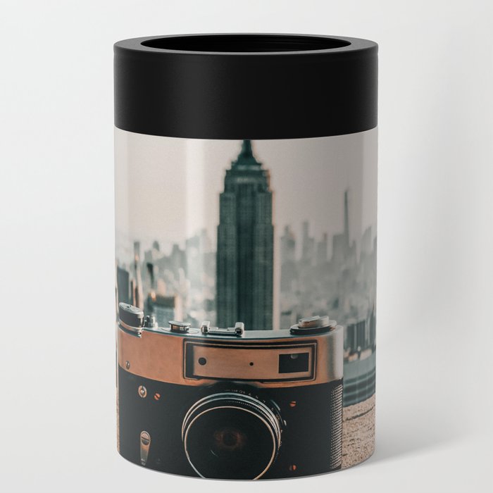 Vintage camera and the Manhattan skyline in New York City Can Cooler