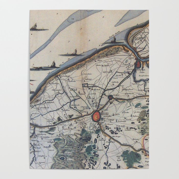 Vintage Map of Bruges Belgium (17th Century) Poster
