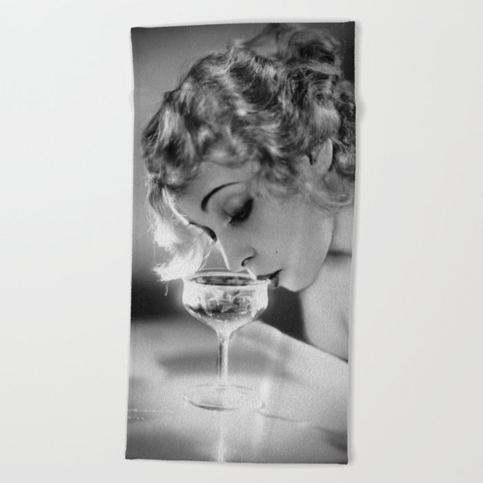 Jazz Age Blond Sipping Champagne black and white photograph / photography Beach Towel
