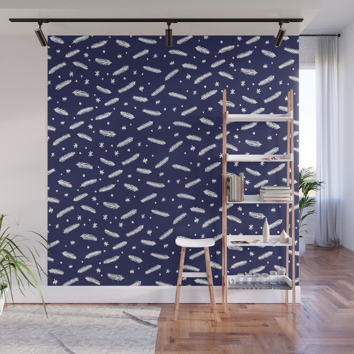 Christmas branches and stars - blue and white Wall Mural