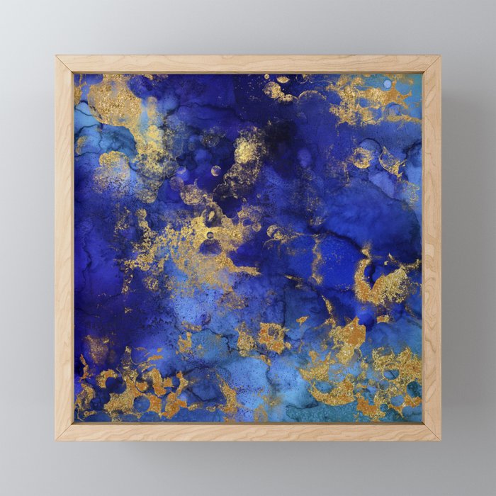 Gold And Blue Indigo Malachite Marble Framed Mini Art Print