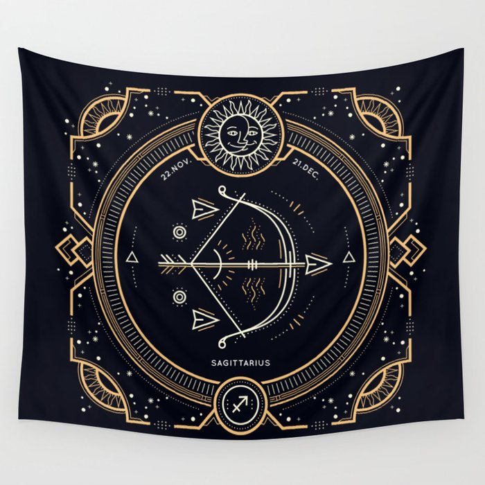 Sagittarius Zodiac Golden White on Black Background Wall Tapestry