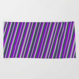 [ Thumbnail: Dark Violet, Dark Gray, and Dark Slate Gray Colored Striped Pattern Beach Towel ]