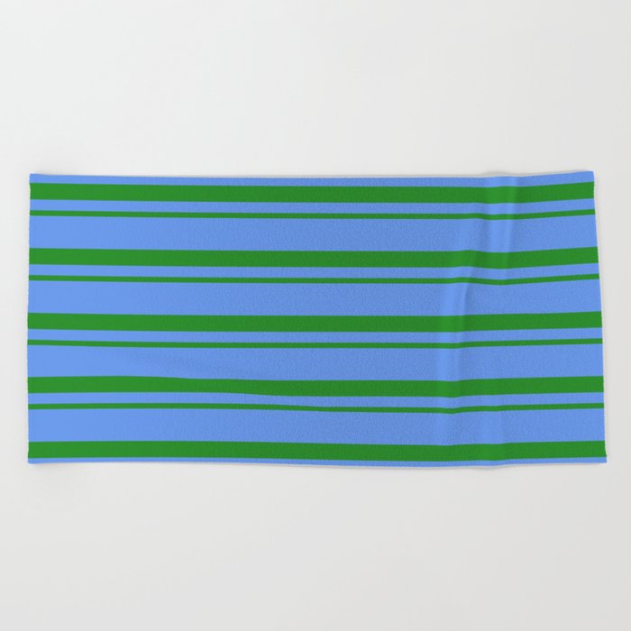 Forest Green & Cornflower Blue Colored Lined Pattern Beach Towel