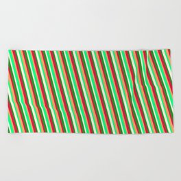 [ Thumbnail: Brown, Green, Beige, Forest Green & Crimson Colored Lined Pattern Beach Towel ]