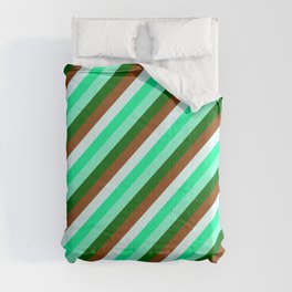 [ Thumbnail: Eyecatching Green, Aquamarine, Dark Green, Brown & Light Cyan Colored Stripes/Lines Pattern Comforter ]