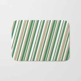 [ Thumbnail: Tan, Sea Green, and White Colored Lined Pattern Bath Mat ]