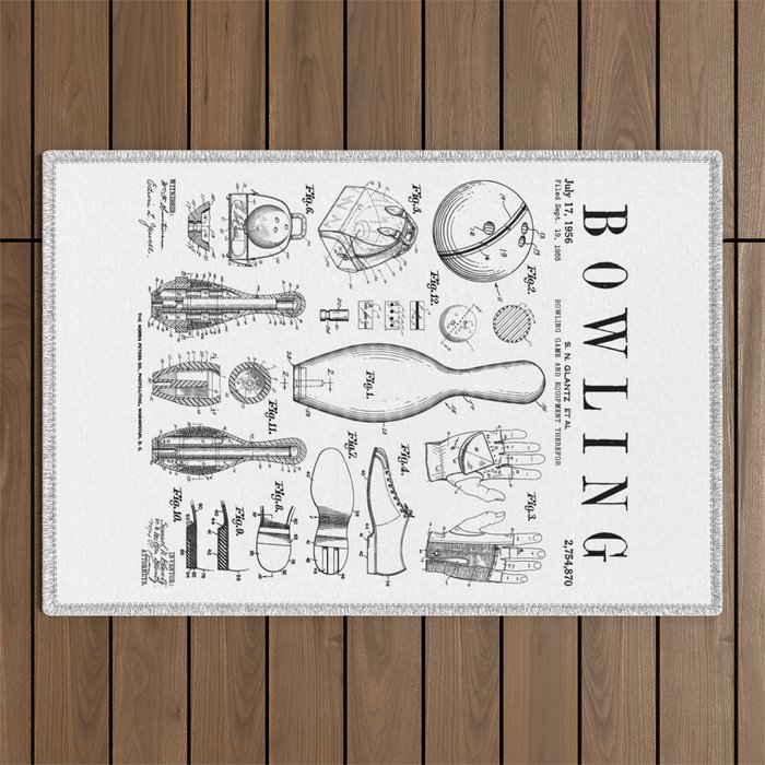 Bowling Pin Ball Bowler Retro Vintage Patent Print Outdoor Rug