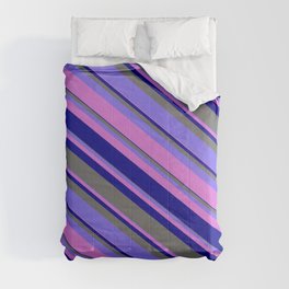 [ Thumbnail: Medium Slate Blue, Orchid, Dark Blue & Dim Grey Colored Stripes/Lines Pattern Comforter ]