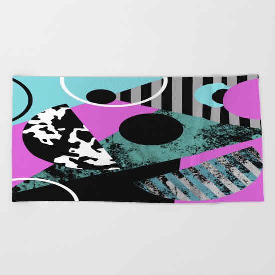 Bits N Pieces - Abstract, geometric, stripes, textured, pastel, blue, pink, black Beach Towel