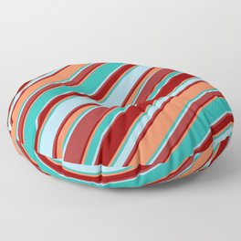 [ Thumbnail: Light Sea Green, Light Blue, Brown, Dark Red & Coral Colored Stripes/Lines Pattern Floor Pillow ]