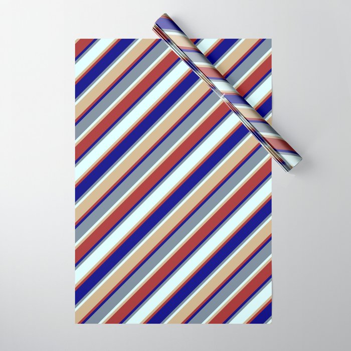 Blue, Light Slate Gray, Light Cyan, Tan & Brown Colored Stripes/Lines Pattern Wrapping Paper