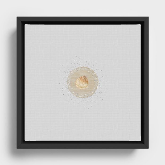 Watercolor Seashell and Sand Circle on Silver Grey Framed Canvas