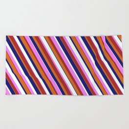 [ Thumbnail: Eyecatching Chocolate, Midnight Blue, Mint Cream, Violet & Brown Colored Lines Pattern Beach Towel ]