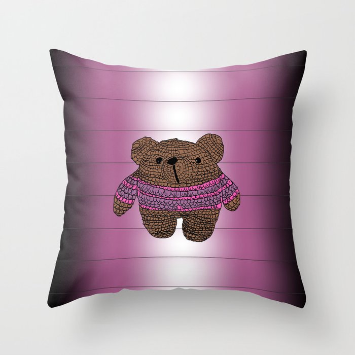 Cute Crochet Pink and Purple Teddy Bear Throw Pillow by